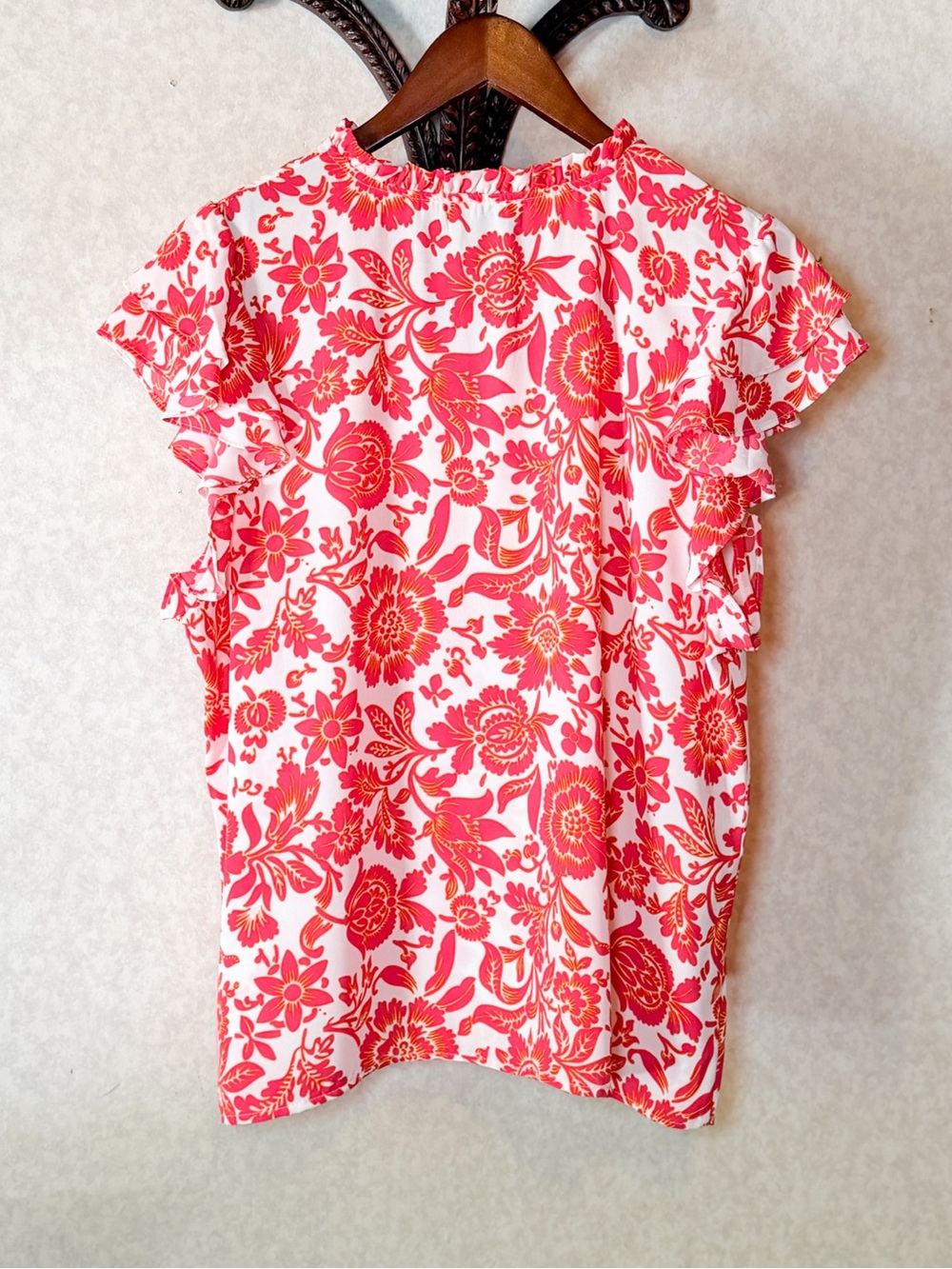 1.STATE Red Floral Ruffle Sleeve Tie Neck Blouse White Yellow Accent - Picture 3 of 9
